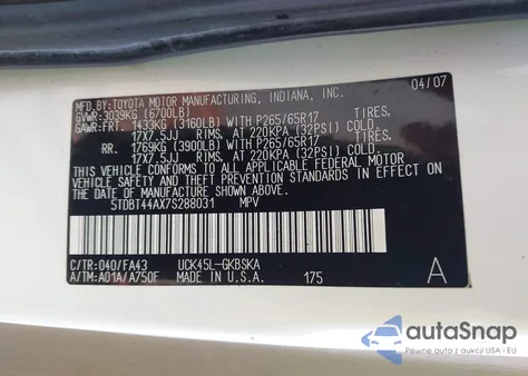 2007 Toyota Sequoia Sr5 V8 from USA, damaged, VIN 5TDBT44AX7S288031